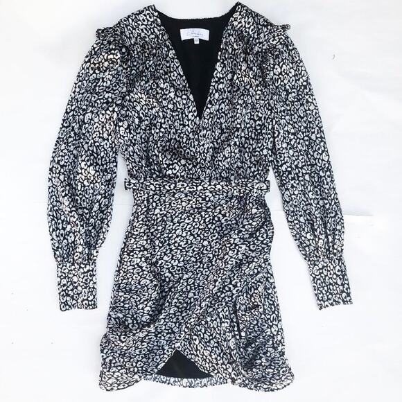 L'Academie Joyce Micro Mini Dress Abstract Cheetah Grey Belted Puff Sleeve xxs - Picture 1 of 10